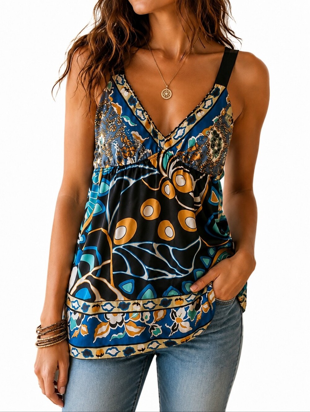 Hale Bob 100% Silk Plunging Neckline Tunic Boho